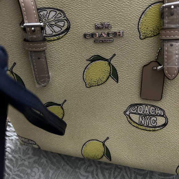 Coach Lemon Print Tote in Pale Yellow with Tan Straps - Picture 5 of 7